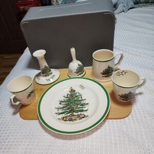 SPODE MIXED SET OF  6 CHRISTMAS CERAMIC PLATE CUPS BELL CANDLESTICK MUG SET